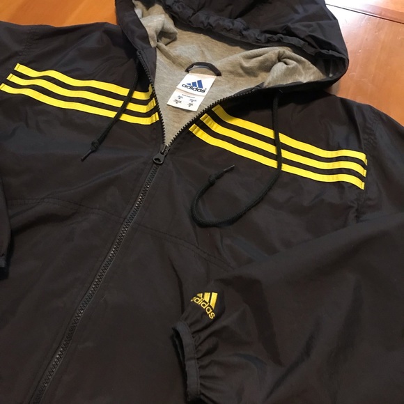 ADIDAS Black, Yellow Trim, Fabric Lined Full Zip Windbreaker Hooded Track Jacket - Picture 2 of 12